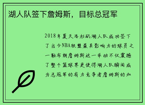 湖人队签下詹姆斯，目标总冠军